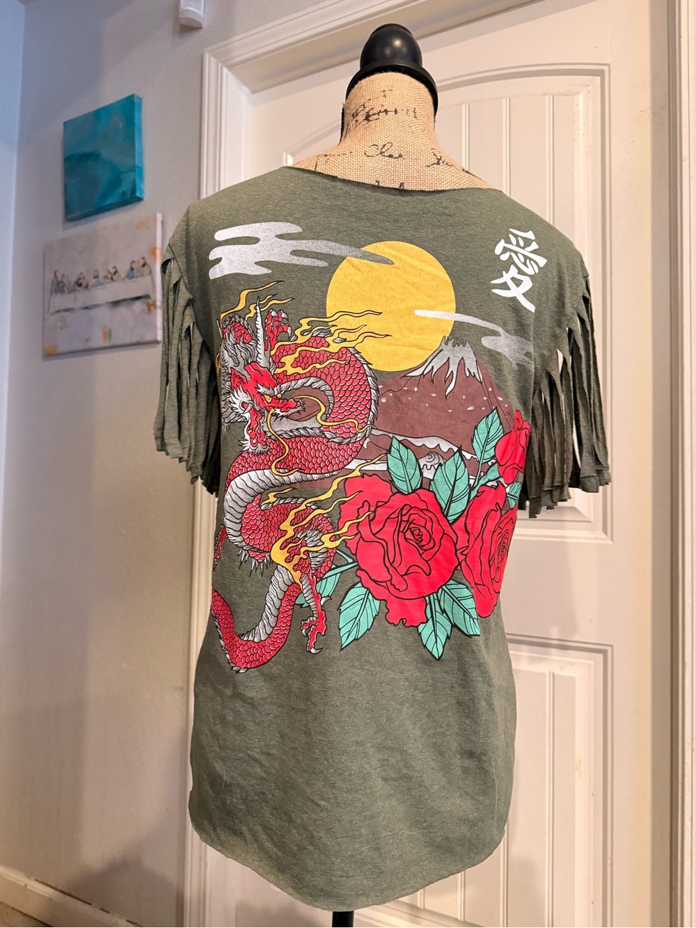 Fringed Olive Dragon & Rose Graphic Tee